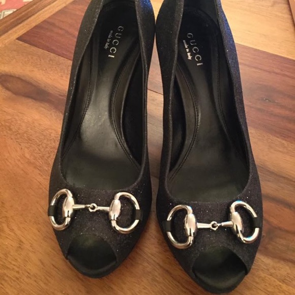 Gucci Hollywood Black Glitter Mid-Heel Peep toe - Picture 2 of 4